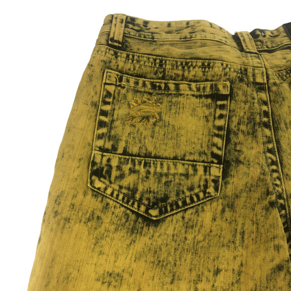 12am Nation Mens Distressed Denim Shorts Size 34 Mustard Yellow Black Acid Wash - Picture 12 of 15